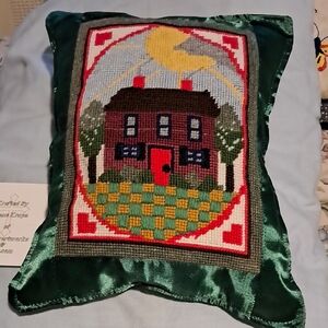 Handcrafted Pillow with Green Satin Border